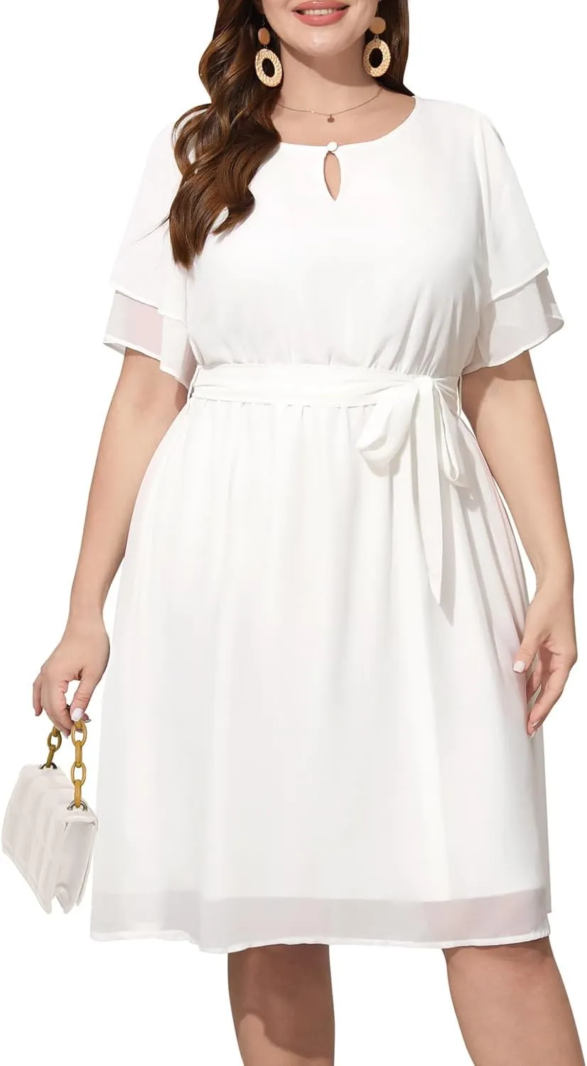 Pinup Fashion Plus Size Dresses for Wedding Guest - Semi Formal Cocktail Chiffon Keyhole Neck Knee Length Dress
