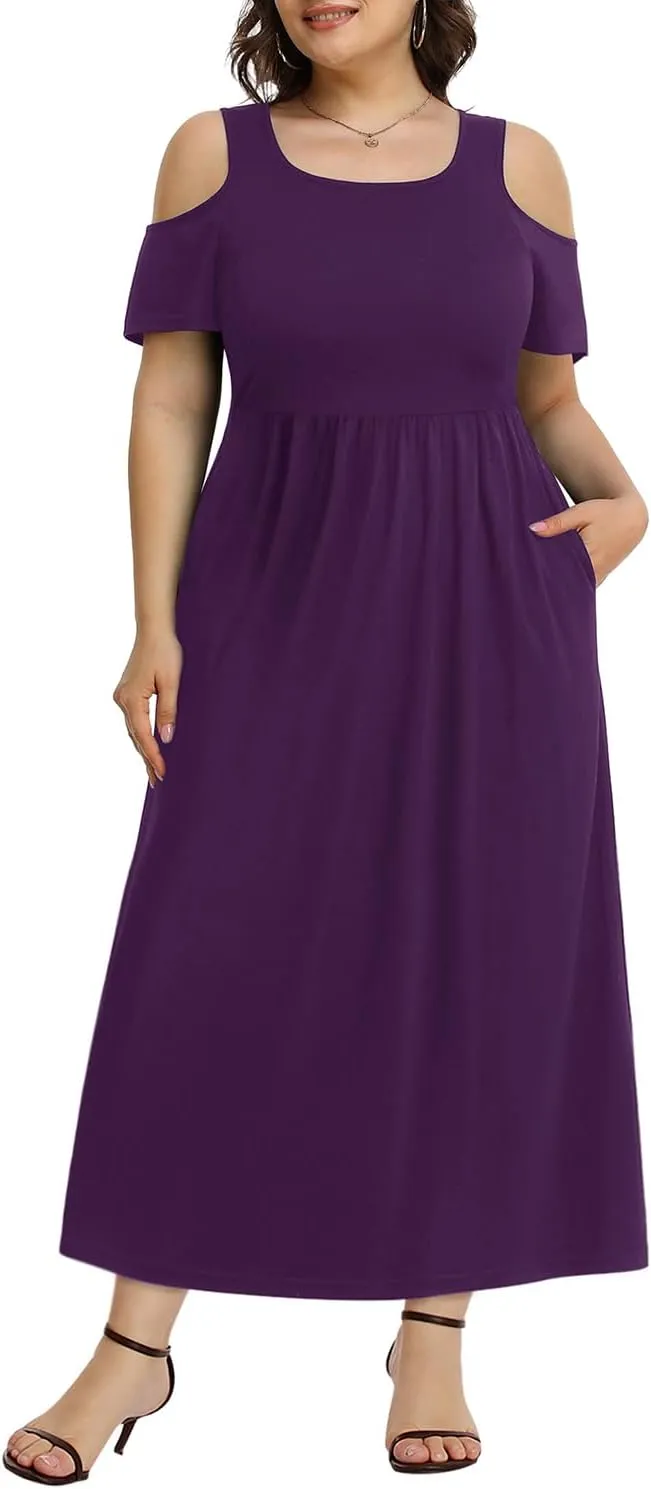 Pinup Fashion Women's Plus Size Summer Cold Shoulder Sundress Casual Long Maxi Dresses with Pockets