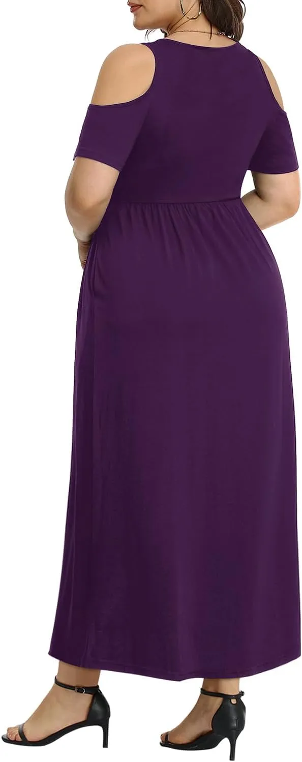 Pinup Fashion Women's Plus Size Summer Cold Shoulder Sundress Casual Long Maxi Dresses with Pockets