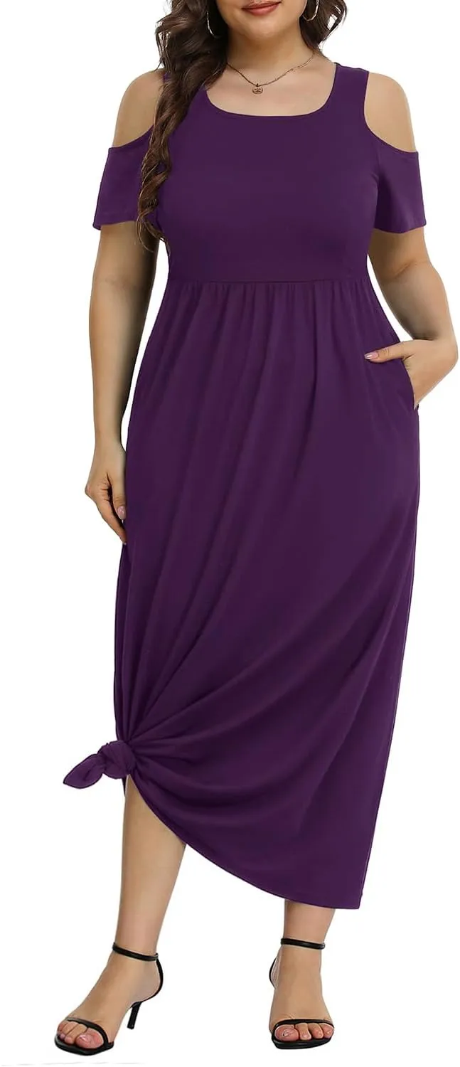 Pinup Fashion Women's Plus Size Summer Cold Shoulder Sundress Casual Long Maxi Dresses with Pockets