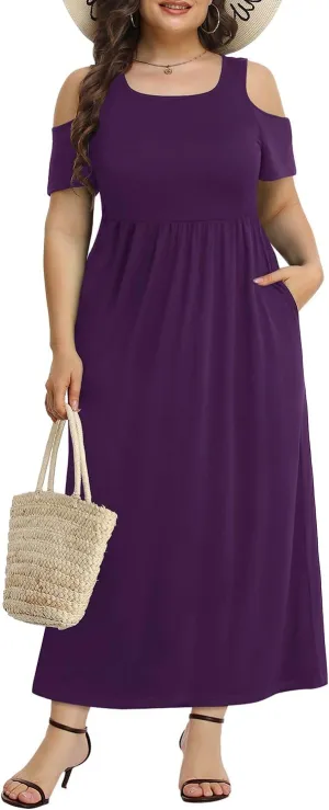 Pinup Fashion Women's Plus Size Summer Cold Shoulder Sundress Casual Long Maxi Dresses with Pockets