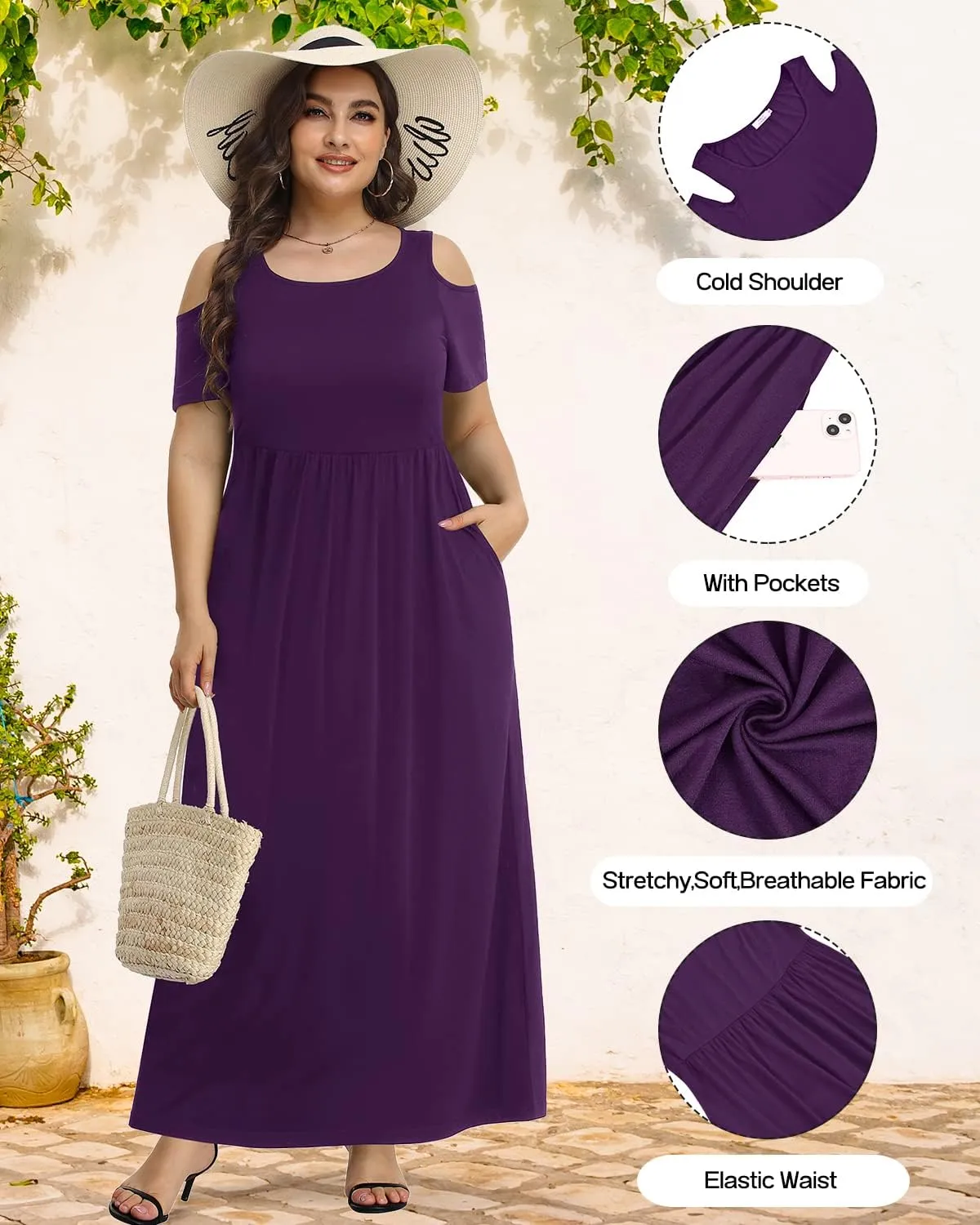 Pinup Fashion Women's Plus Size Summer Cold Shoulder Sundress Casual Long Maxi Dresses with Pockets