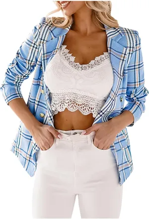 Plaid Blazer Jackets for Women Fashion Dressy Notched Lapel Collar Business Casual Work Office Formal Coats