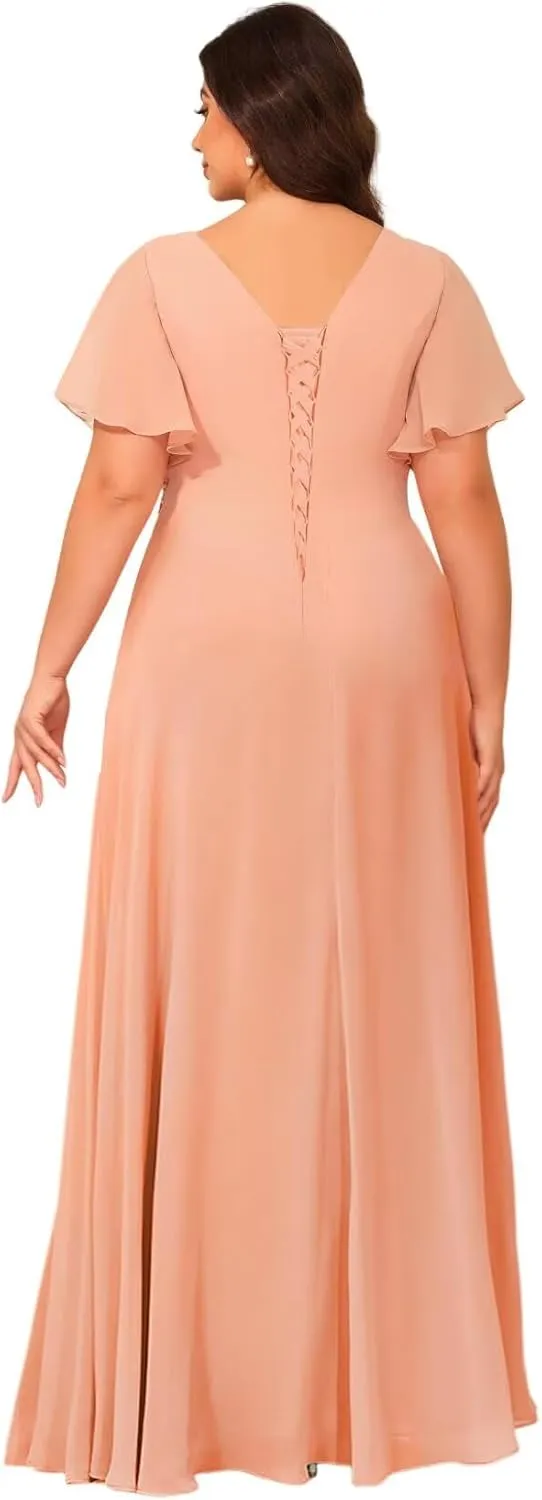 Plus Size Flutter Sleeves Mother of The Bride Dresses Ruffles Beaded Chiffon Ruched Formal Dresses 2025 RA057