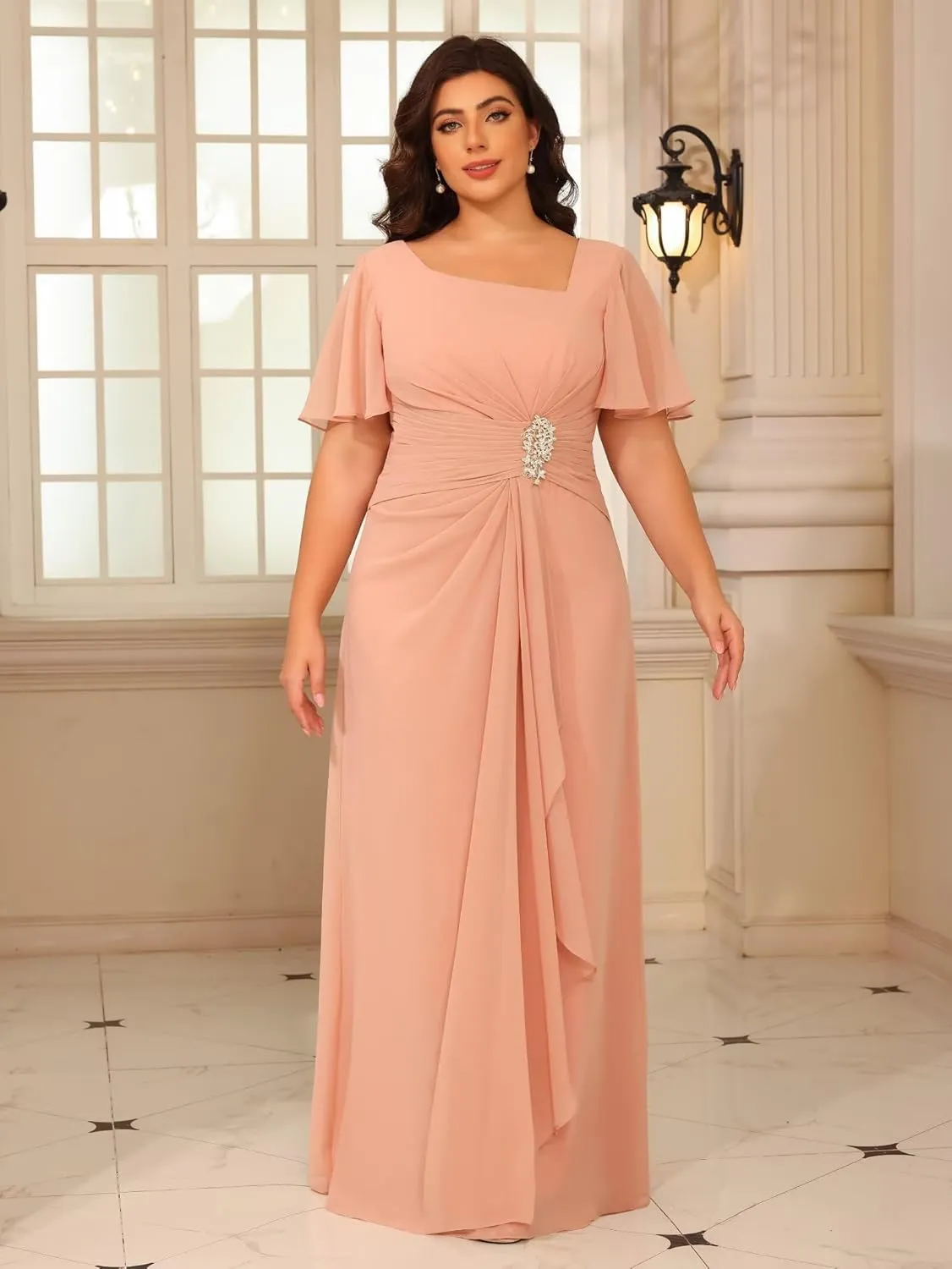 Plus Size Flutter Sleeves Mother of The Bride Dresses Ruffles Beaded Chiffon Ruched Formal Dresses 2025 RA057