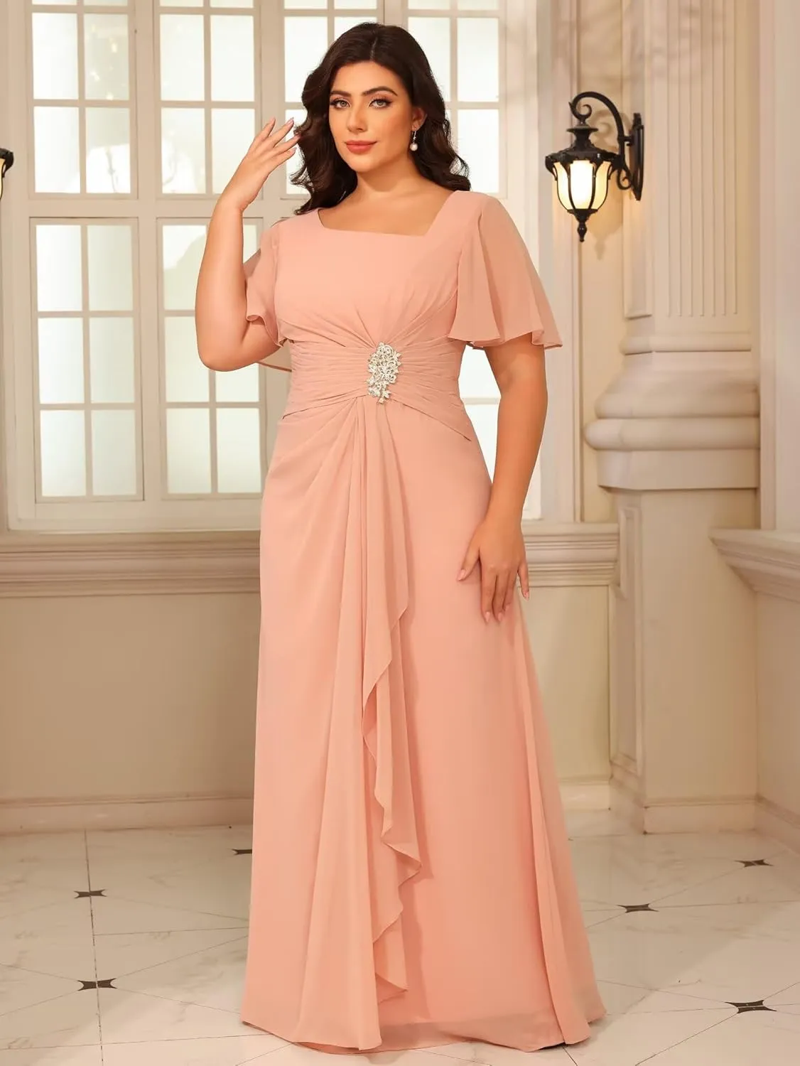 Plus Size Flutter Sleeves Mother of The Bride Dresses Ruffles Beaded Chiffon Ruched Formal Dresses 2025 RA057