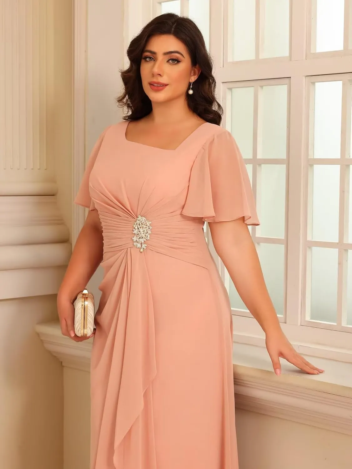 Plus Size Flutter Sleeves Mother of The Bride Dresses Ruffles Beaded Chiffon Ruched Formal Dresses 2025 RA057