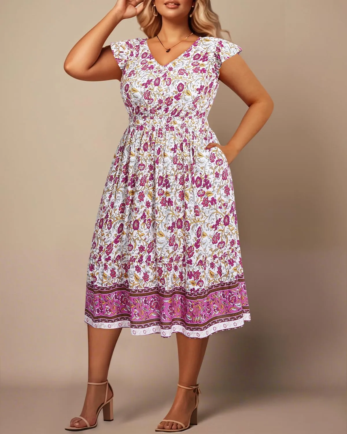 Plus Size Summer Dresses - Boho Casual V Neck Ruffle Sleeve Midi Sundress with Pockets