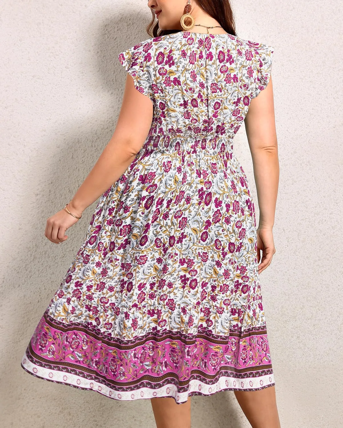 Plus Size Summer Dresses - Boho Casual V Neck Ruffle Sleeve Midi Sundress with Pockets