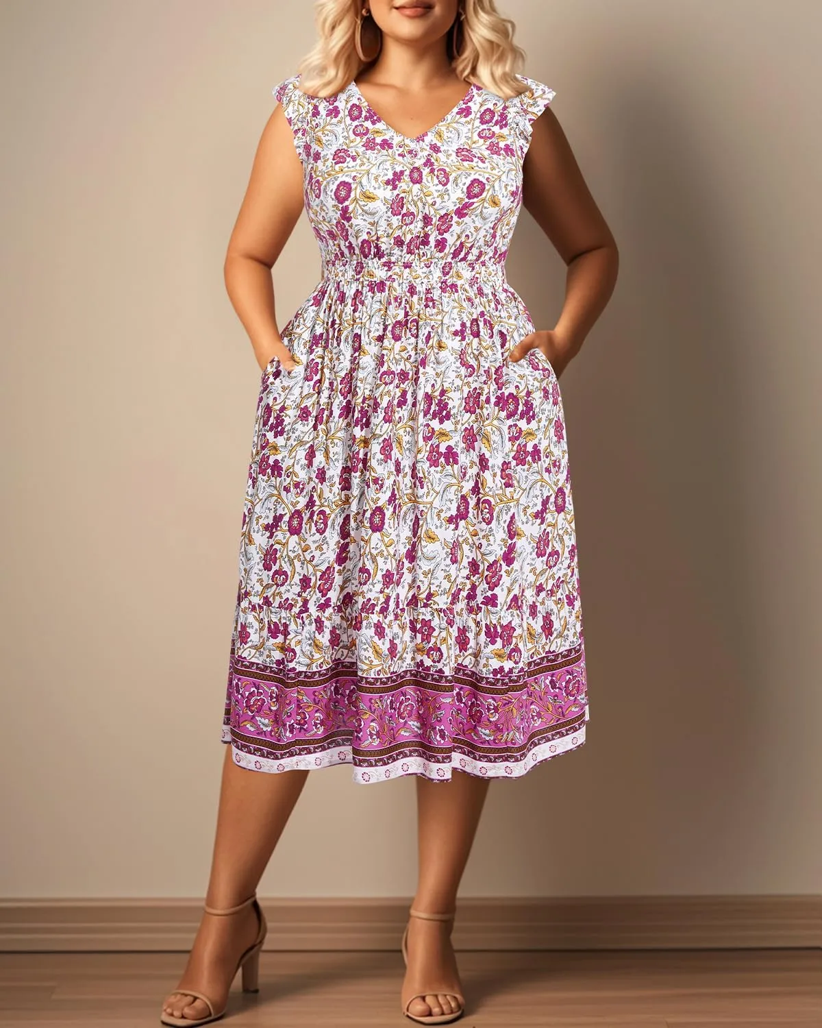 Plus Size Summer Dresses - Boho Casual V Neck Ruffle Sleeve Midi Sundress with Pockets