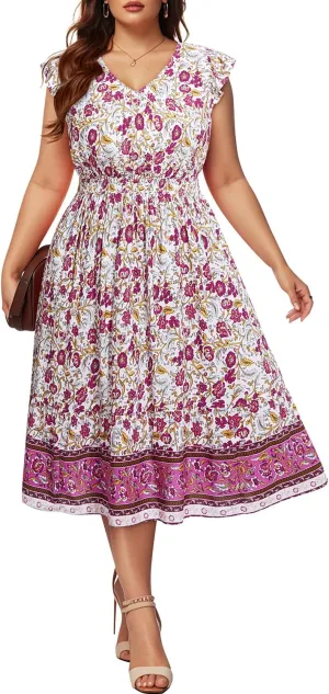 Plus Size Summer Dresses - Boho Casual V Neck Ruffle Sleeve Midi Sundress with Pockets
