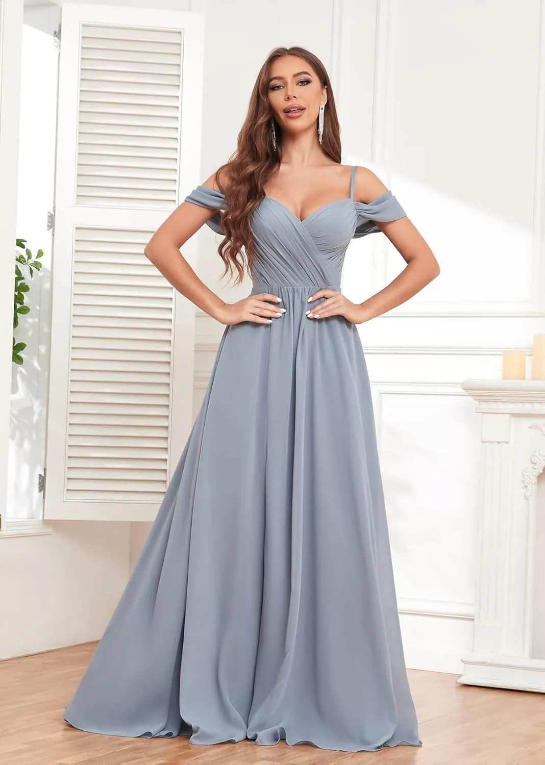 POMUYOO Womens Off Shoulder Bridesmaid Dresses with Pockets Long Spaghetti Straps Pleats Formal Dress with Slit YG252