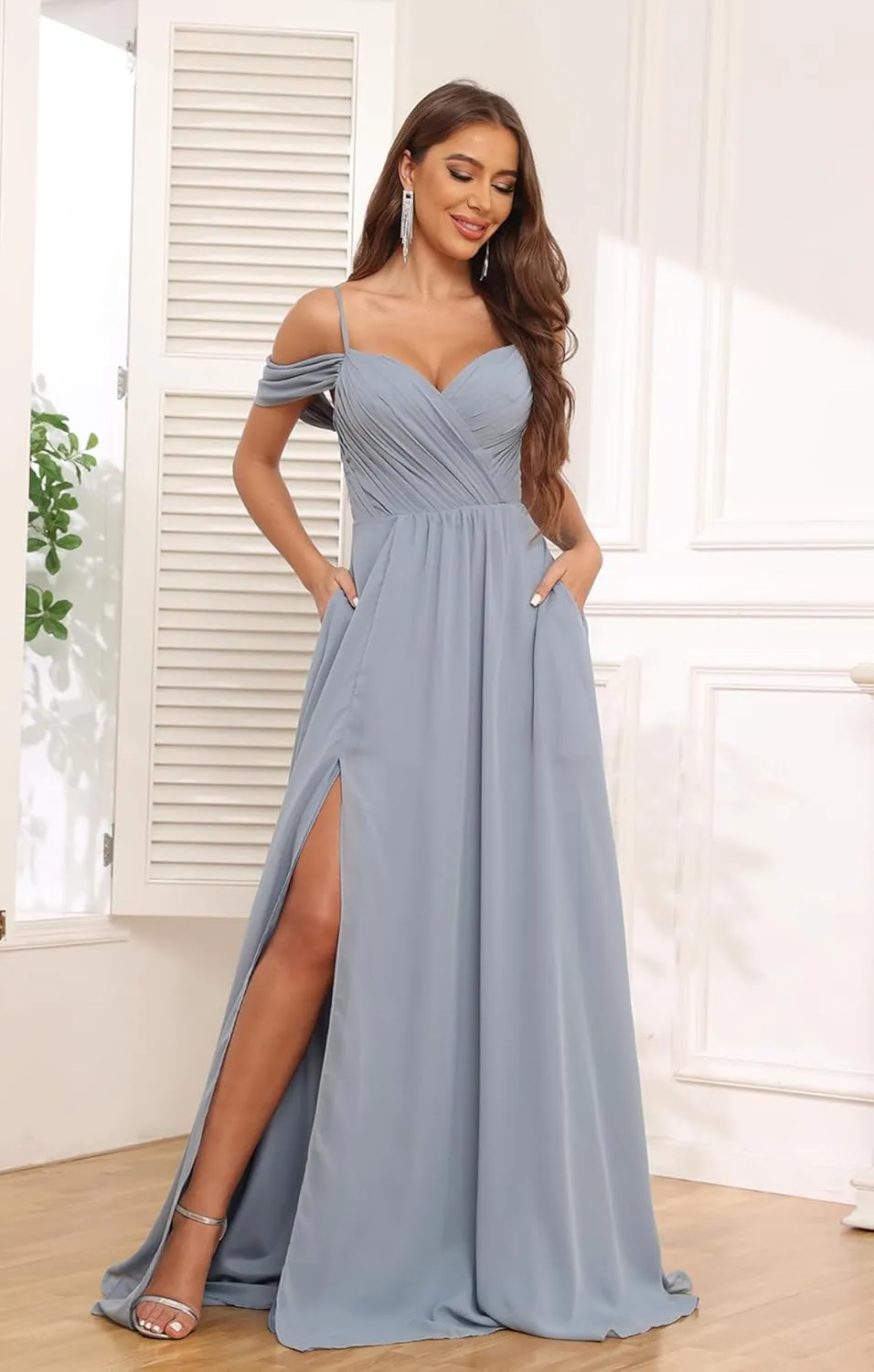 POMUYOO Womens Off Shoulder Bridesmaid Dresses with Pockets Long Spaghetti Straps Pleats Formal Dress with Slit YG252