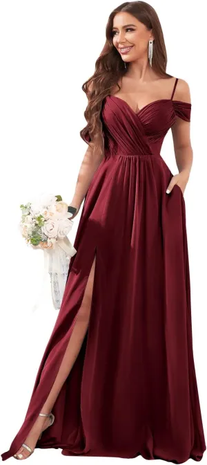 POMUYOO Womens Off Shoulder Bridesmaid Dresses with Pockets Long Spaghetti Straps Pleats Formal Dress with Slit YG252