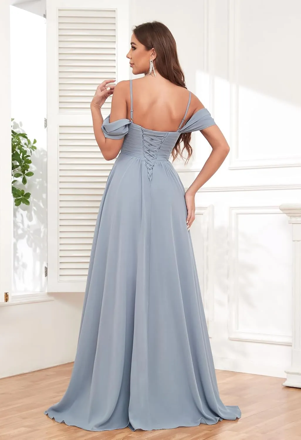 POMUYOO Womens Off Shoulder Bridesmaid Dresses with Pockets Long Spaghetti Straps Pleats Formal Dress with Slit YG252