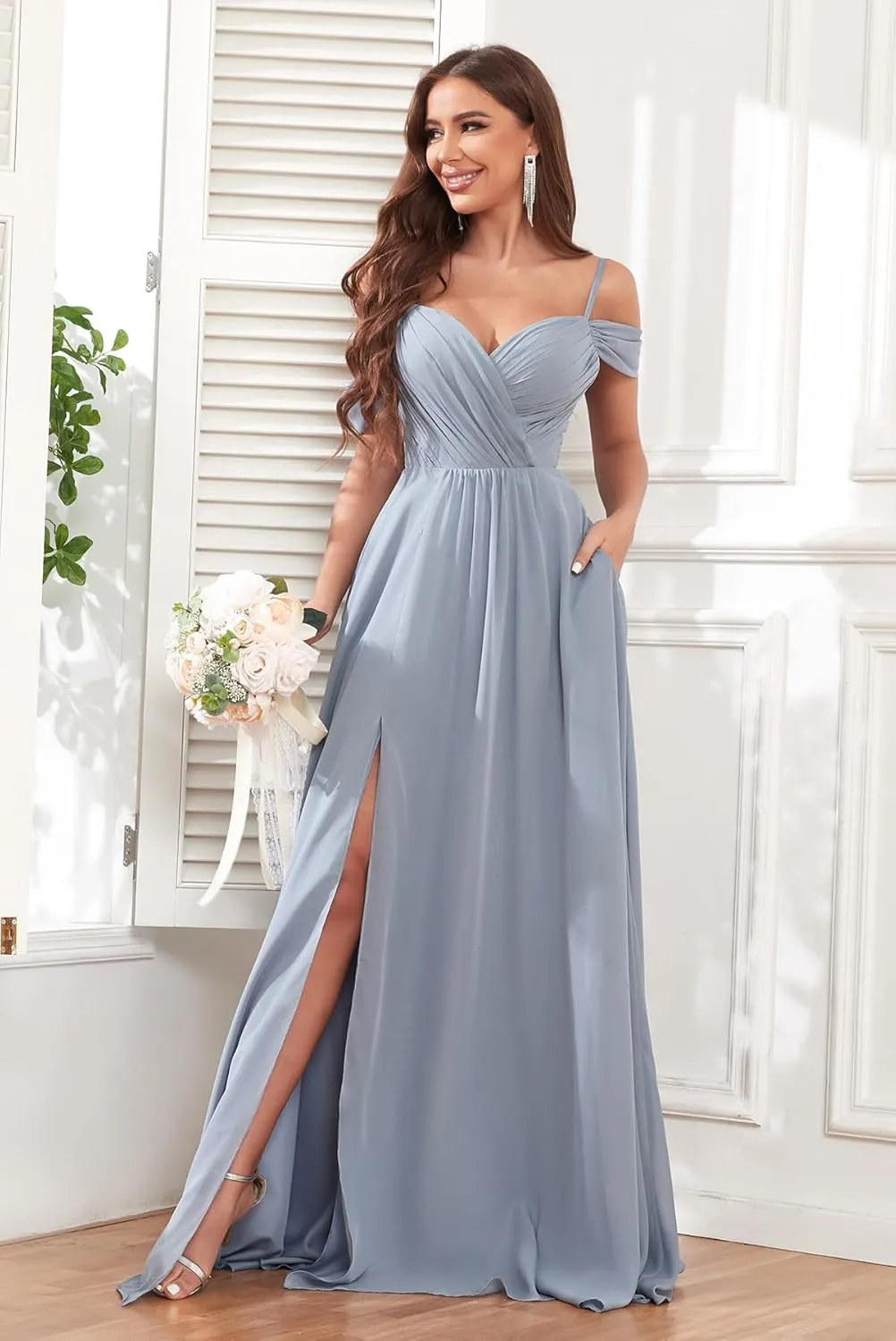 POMUYOO Womens Off Shoulder Bridesmaid Dresses with Pockets Long Spaghetti Straps Pleats Formal Dress with Slit YG252