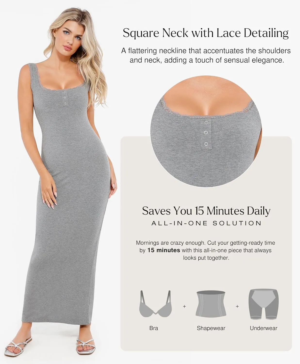 Popilush Shapewear Tank Dress Summer Maxi Dress Built-in Bra Square Neck Lace Trim Going Out Vacation Dresses for Women