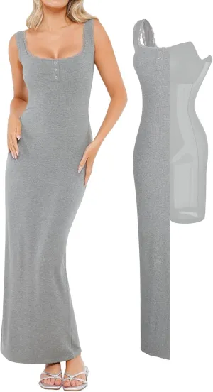 Popilush Shapewear Tank Dress Summer Maxi Dress Built-in Bra Square Neck Lace Trim Going Out Vacation Dresses for Women