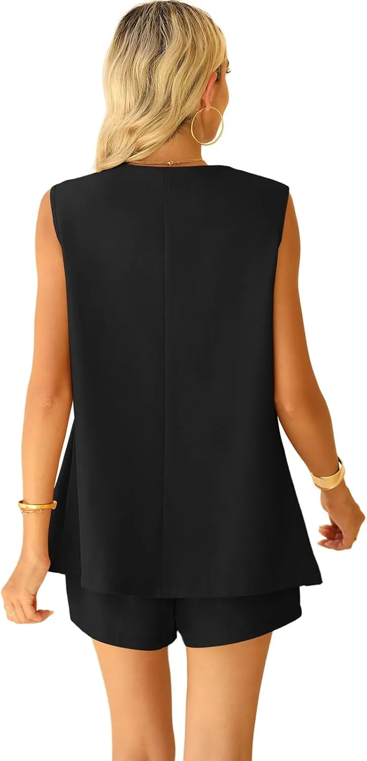QUEZHU 2 Piece Sets for Women Summer Linen Sleeveless Blazer and Shorts Set 2025 Dressy Casual Outfits Matching Set