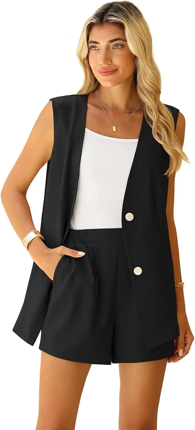 QUEZHU 2 Piece Sets for Women Summer Linen Sleeveless Blazer and Shorts Set 2025 Dressy Casual Outfits Matching Set