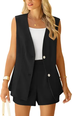QUEZHU 2 Piece Sets for Women Summer Linen Sleeveless Blazer and Shorts Set 2025 Dressy Casual Outfits Matching Set
