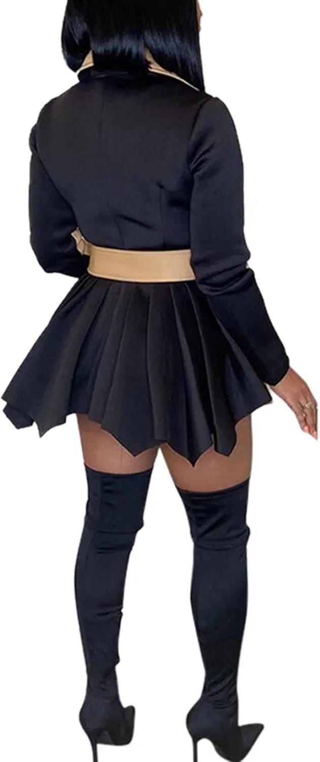 RAMOUG Two Tone Lapel V Neck Double Breasted Peplum Jacket Sexy Belted Blazer Mini Dress