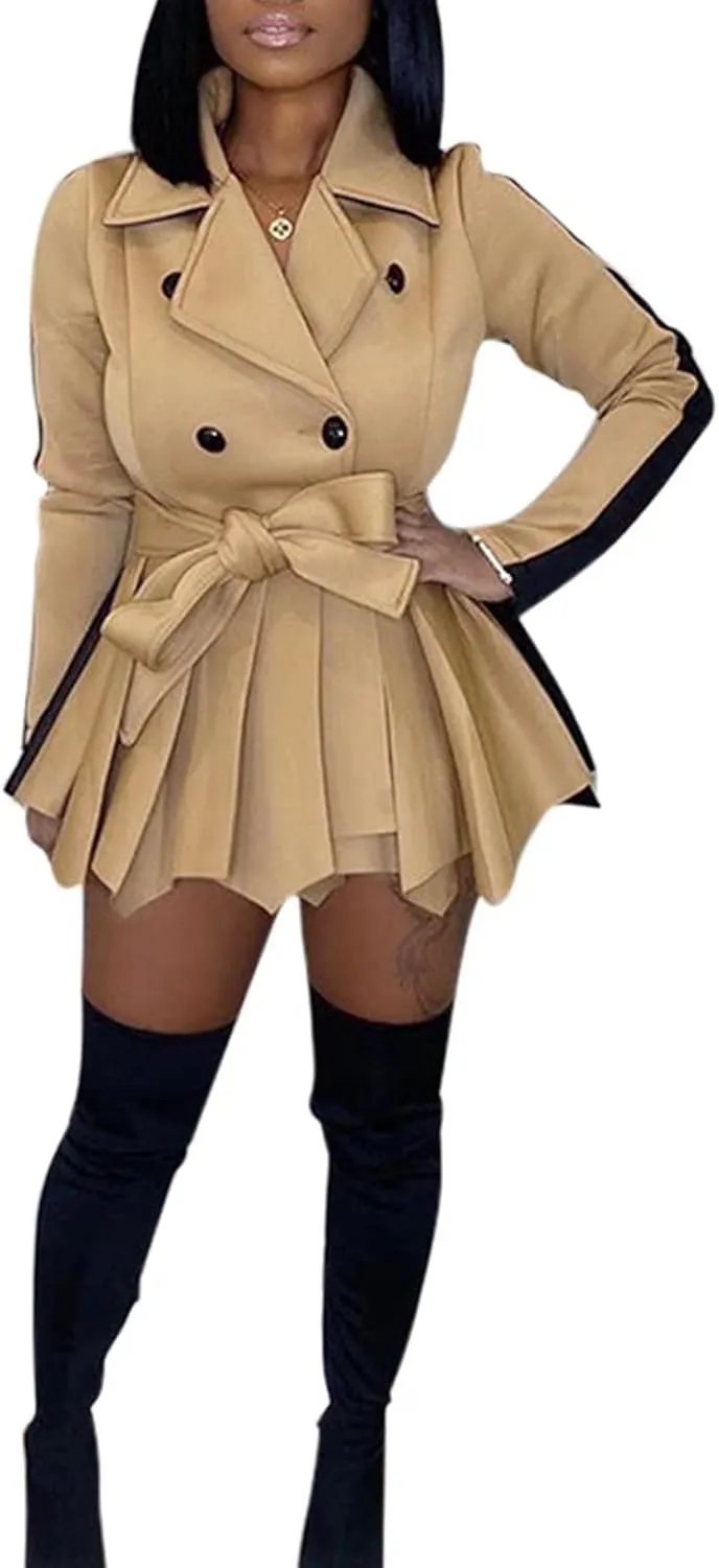 RAMOUG Two Tone Lapel V Neck Double Breasted Peplum Jacket Sexy Belted Blazer Mini Dress