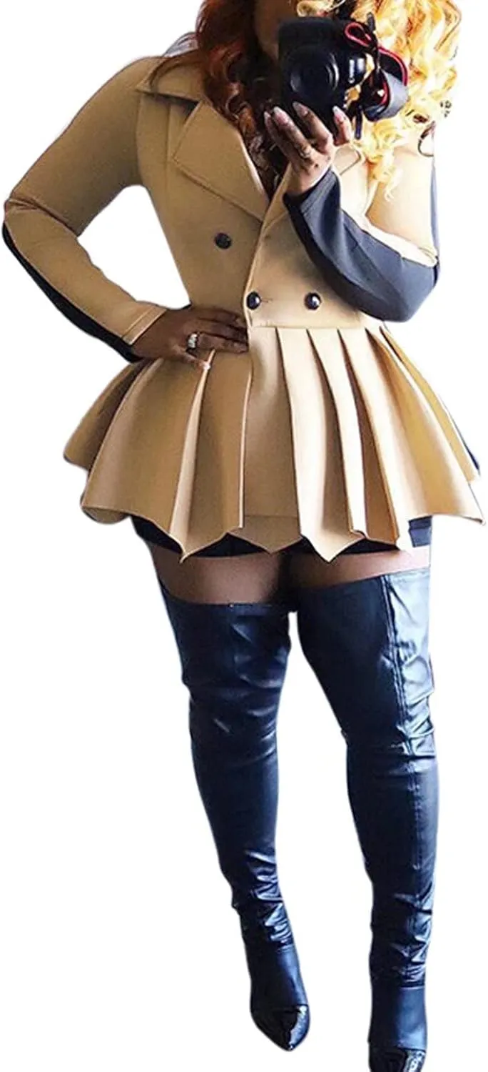 RAMOUG Two Tone Lapel V Neck Double Breasted Peplum Jacket Sexy Belted Blazer Mini Dress
