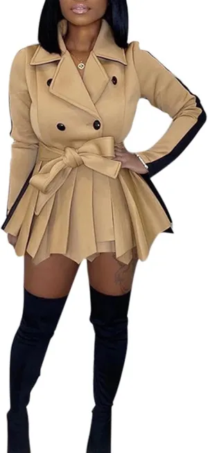 RAMOUG Two Tone Lapel V Neck Double Breasted Peplum Jacket Sexy Belted Blazer Mini Dress