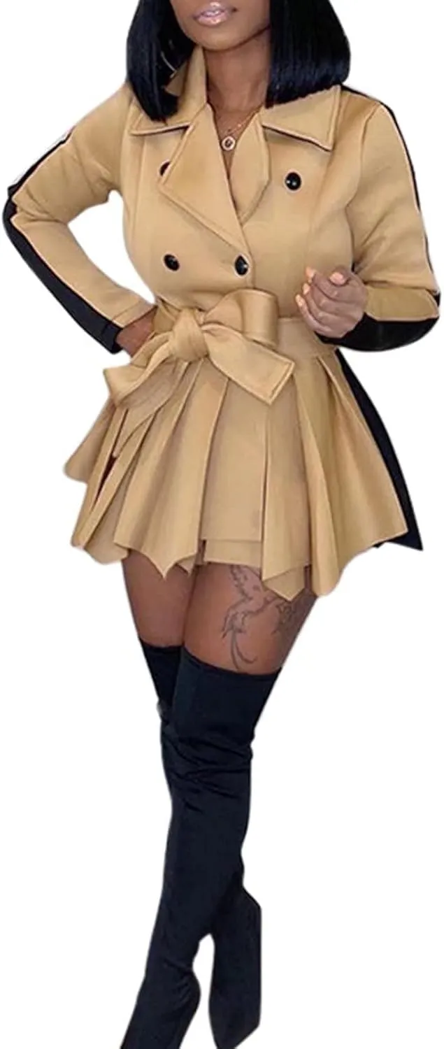 RAMOUG Two Tone Lapel V Neck Double Breasted Peplum Jacket Sexy Belted Blazer Mini Dress