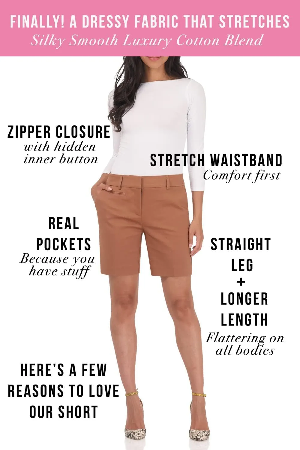 Rekucci Boardwalk Womens Shorts, Cotton Blend Bermuda Shorts for Women, 8 Inch Inseam Walking Shorts with Pockets