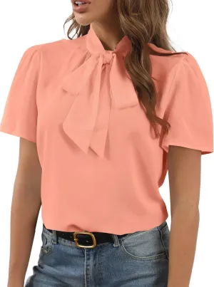 Rooscier Women's Bow Tie Knot Mock Neck Short Sleeve Elegant Workwear Blouse Shirt Top