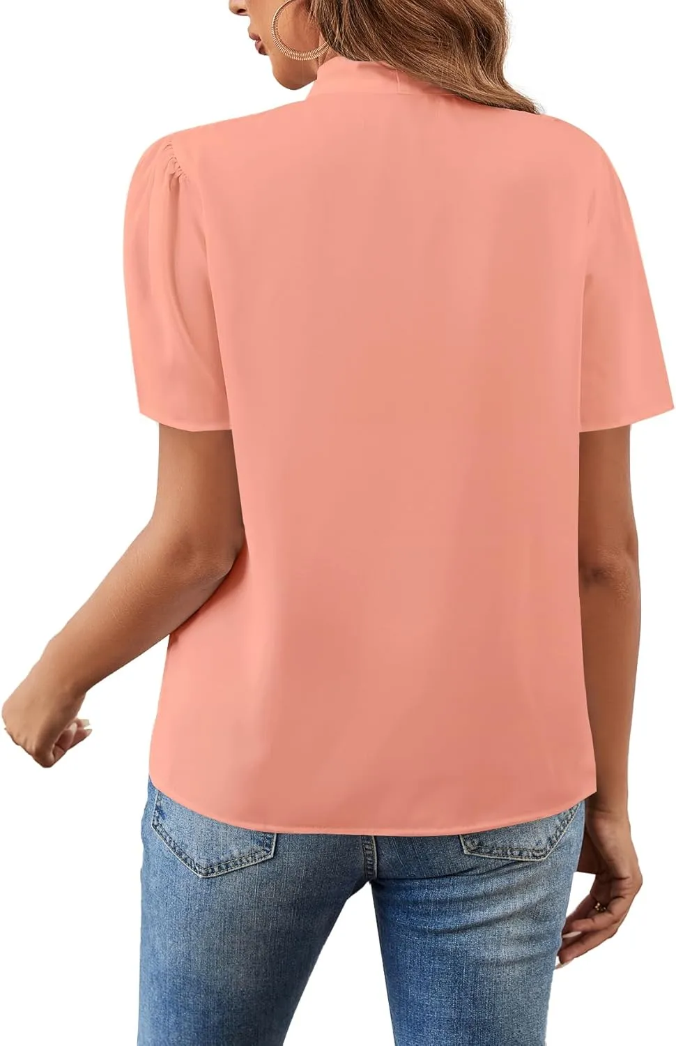 Rooscier Women's Bow Tie Knot Mock Neck Short Sleeve Elegant Workwear Blouse Shirt Top