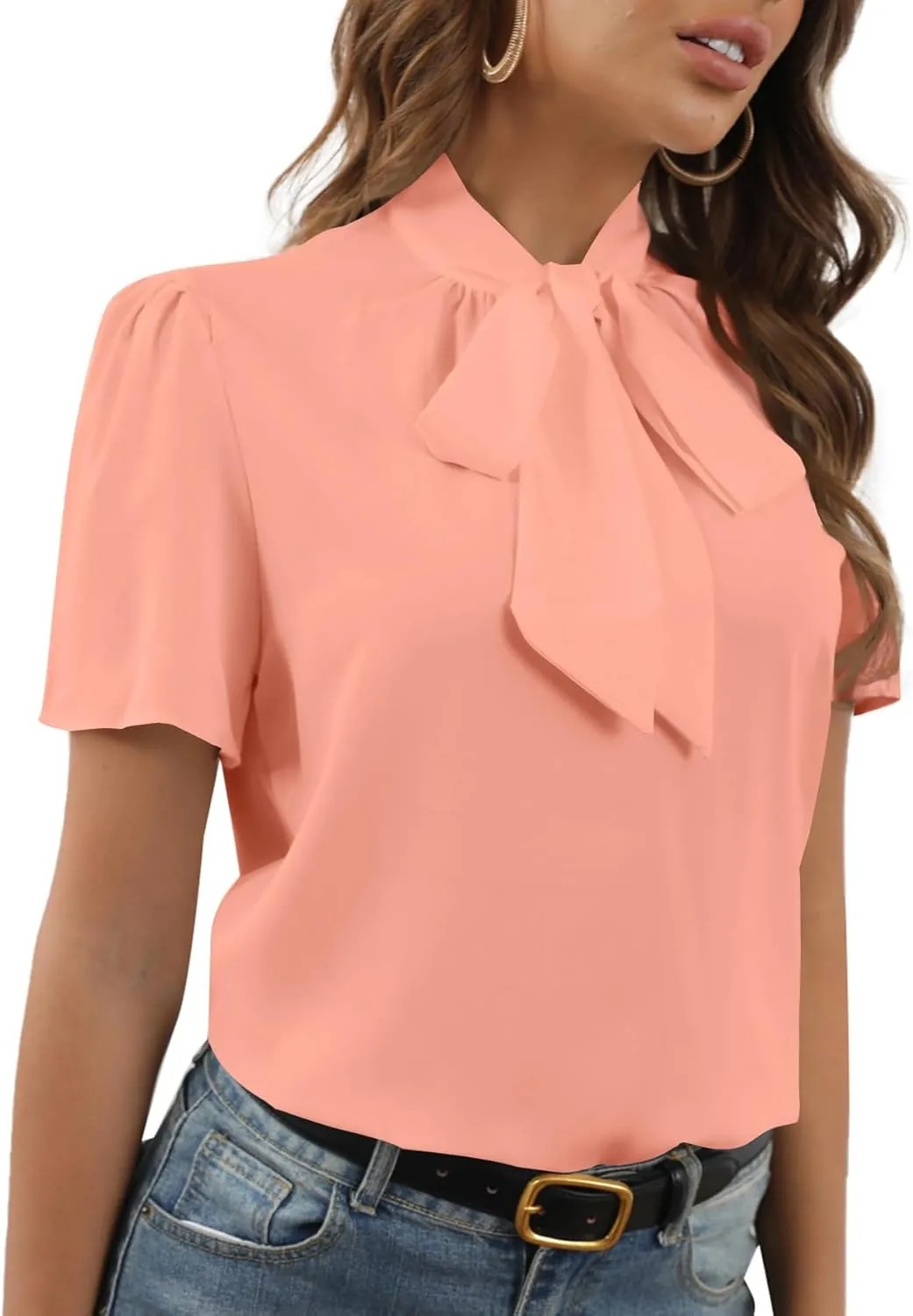 Rooscier Women's Bow Tie Knot Mock Neck Short Sleeve Elegant Workwear Blouse Shirt Top