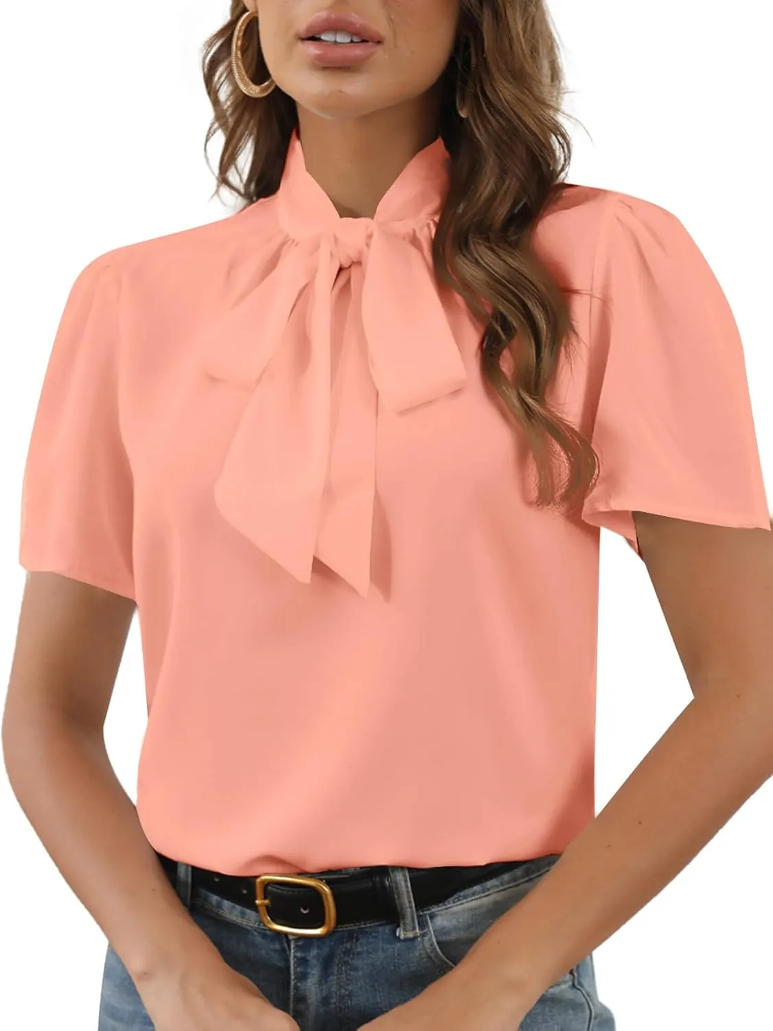 Rooscier Women's Bow Tie Knot Mock Neck Short Sleeve Elegant Workwear Blouse Shirt Top