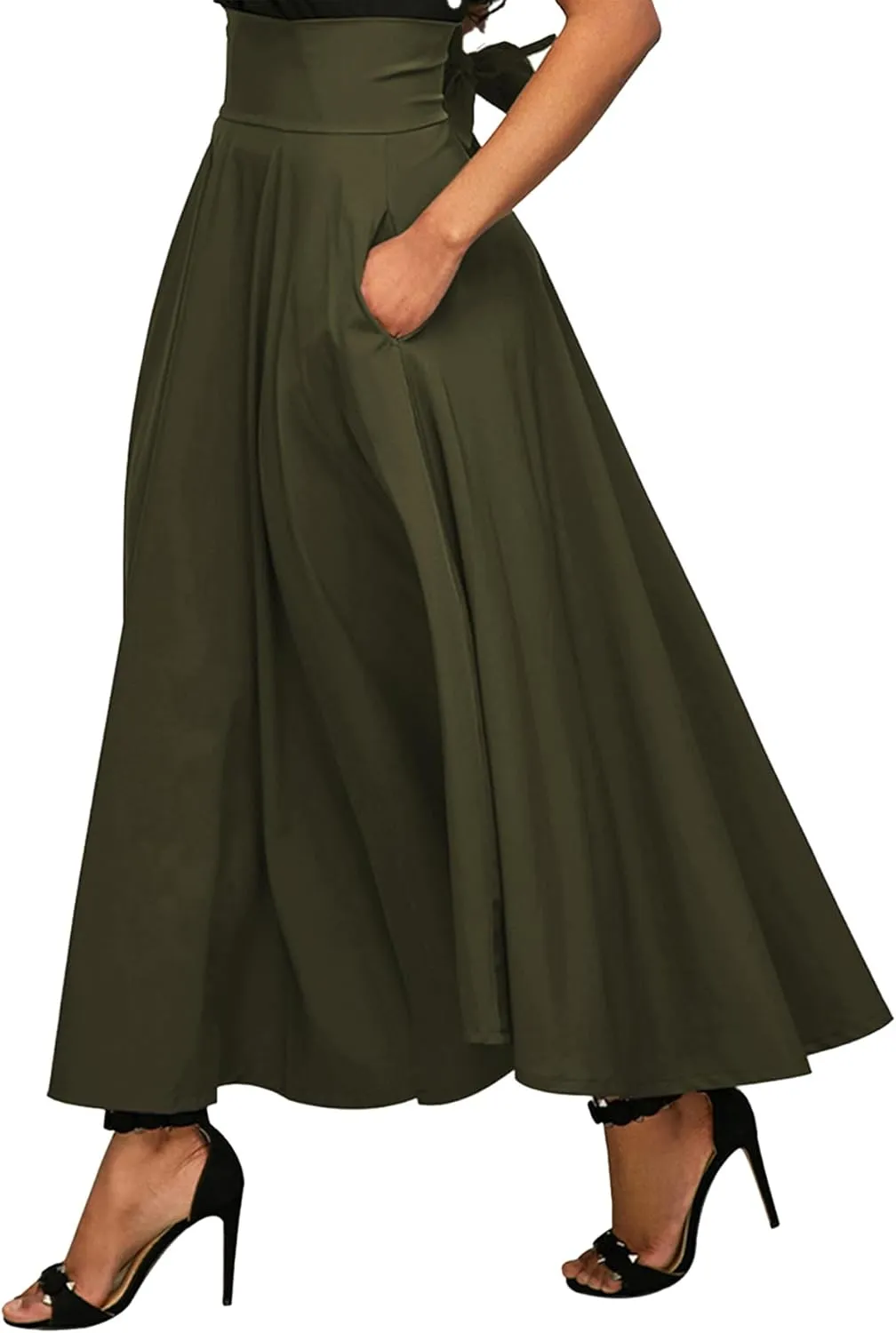 Rooscier Women's Elastic High Waist Tie Knot Back A-Line Flared with Pockets Long Skirt