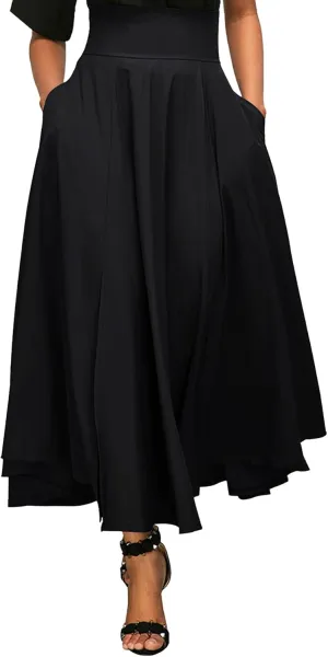 Rooscier Women's Elastic High Waist Tie Knot Back A-Line Flared with Pockets Long Skirt