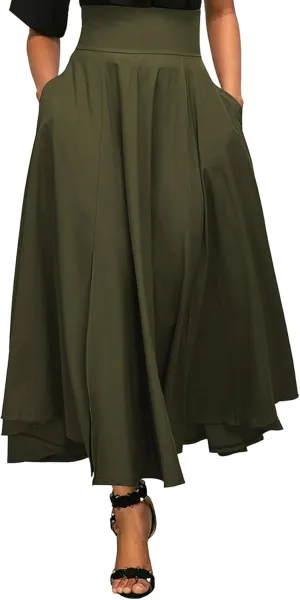 Rooscier Women's Elastic High Waist Tie Knot Back A-Line Flared with Pockets Long Skirt