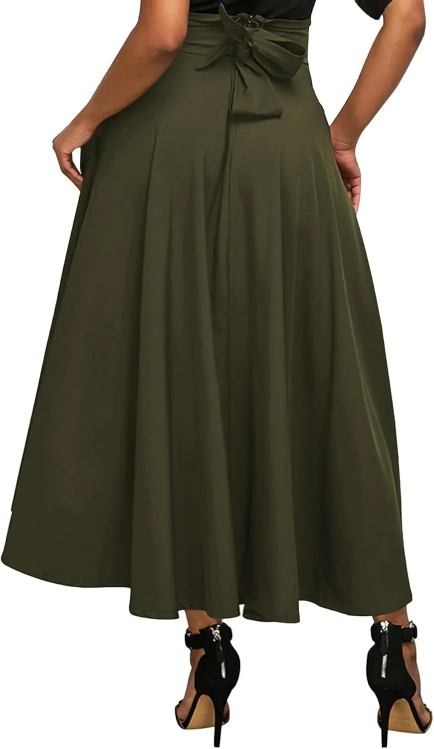Rooscier Women's Elastic High Waist Tie Knot Back A-Line Flared with Pockets Long Skirt