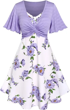 Rosegal Plus Size Women Floral Sundress Set Twisted Crop Top and Cottagecore Ruffles Floral Cami Dress