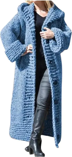 SACFOF Women Hooded Open Front Cardigan Cable Knit Sweaters Winter Solid Color Chunky Button Long Sweater Coats