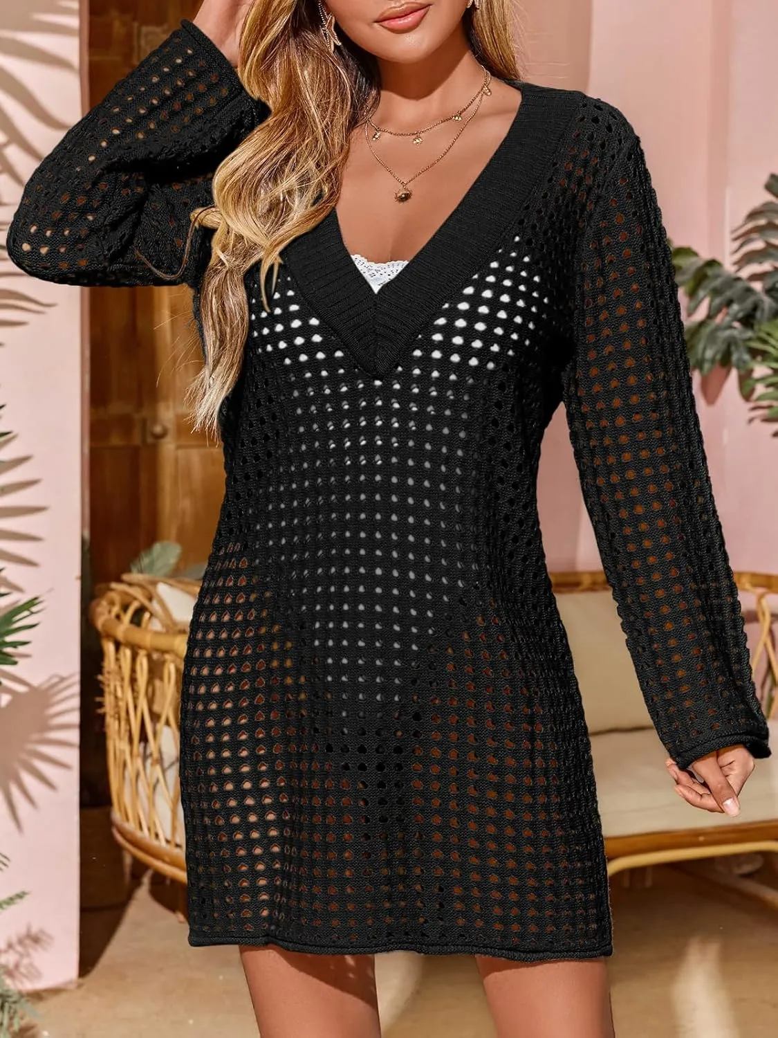 Saodimallsu Women Crochet Cover Up Long Sleeve Deep V Neck Hollow Out Sweater Oversized Beach Mini Dress Bathing Suit Coverup