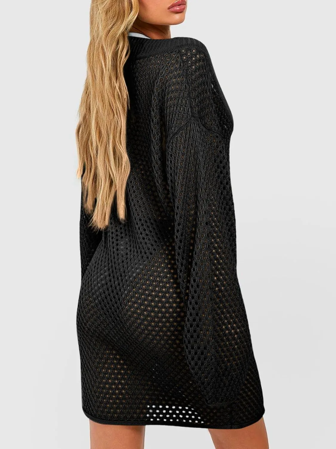 Saodimallsu Women Crochet Cover Up Long Sleeve Deep V Neck Hollow Out Sweater Oversized Beach Mini Dress Bathing Suit Coverup
