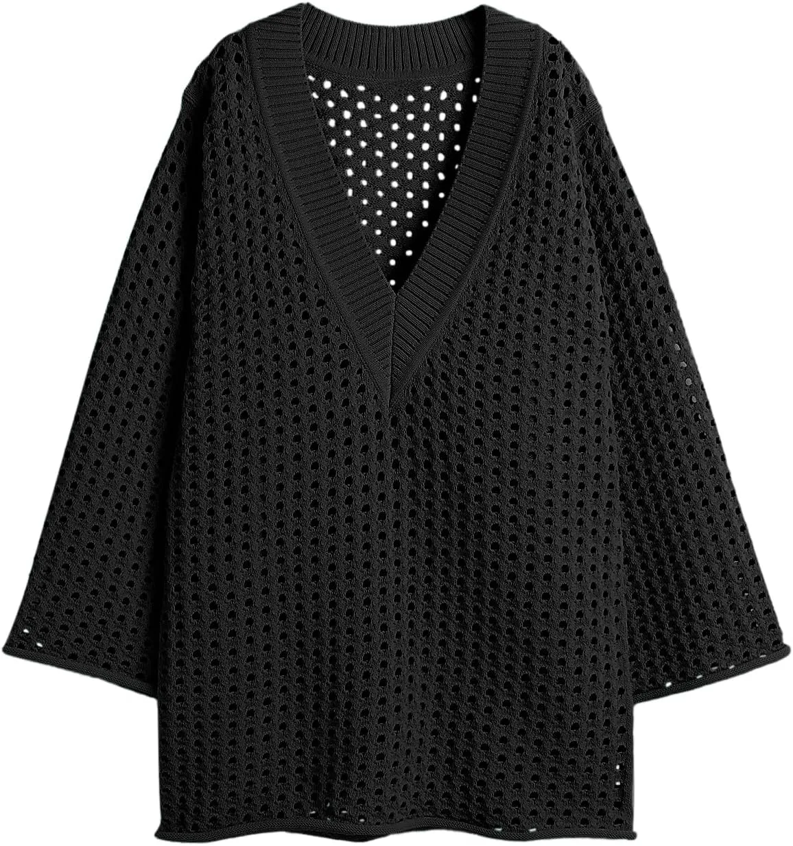 Saodimallsu Women Crochet Cover Up Long Sleeve Deep V Neck Hollow Out Sweater Oversized Beach Mini Dress Bathing Suit Coverup