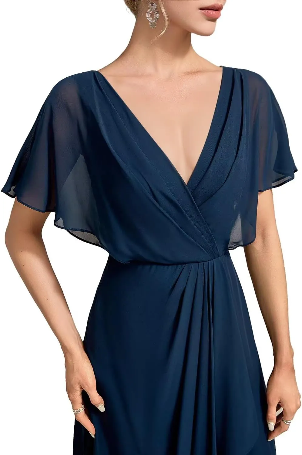 SEIM V Neck Mother of The Bride Dresses for Wedding Ruffle Sleeves Chiffon A Line Formal Evening Gown SE1004