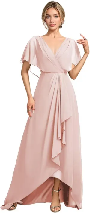 SEIM V Neck Mother of The Bride Dresses for Wedding Ruffle Sleeves Chiffon A Line Formal Evening Gown SE1004