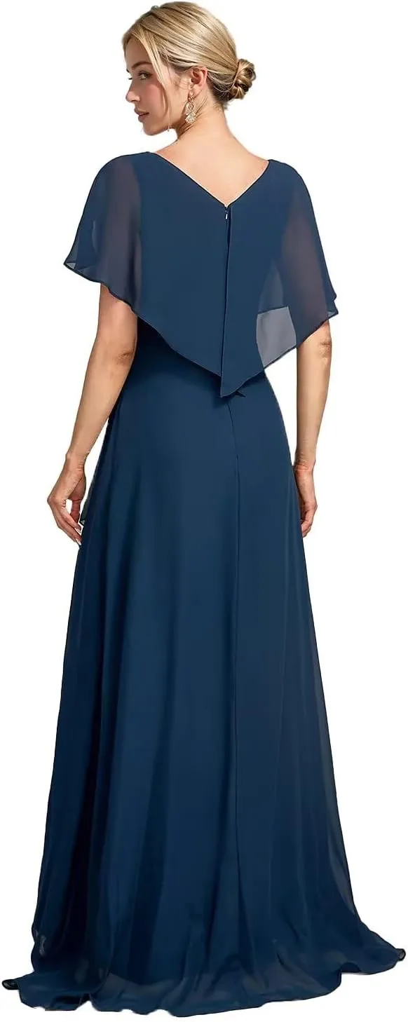 SEIM V Neck Mother of The Bride Dresses for Wedding Ruffle Sleeves Chiffon A Line Formal Evening Gown SE1004