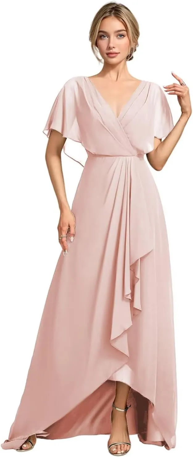 SEIM V Neck Mother of The Bride Dresses for Wedding Ruffle Sleeves Chiffon A Line Formal Evening Gown SE1004