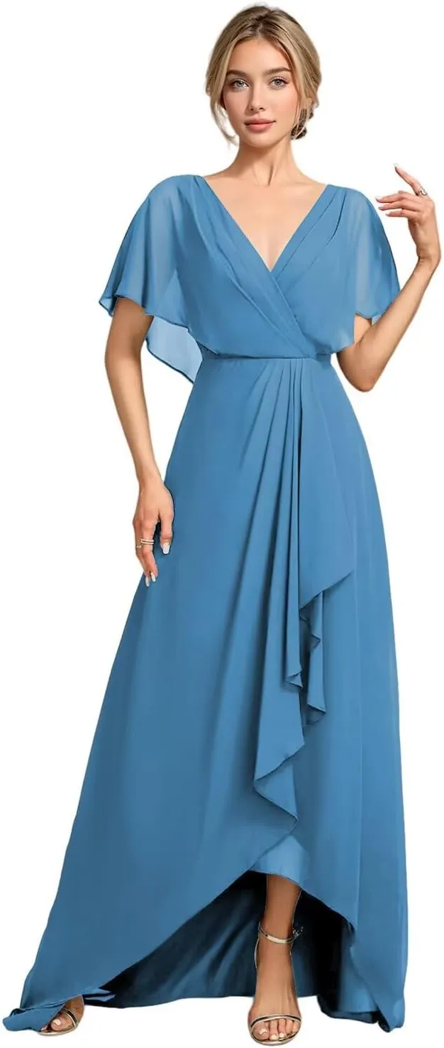 SEIM V Neck Mother of The Bride Dresses for Wedding Ruffle Sleeves Chiffon A Line Formal Evening Gown SE1004