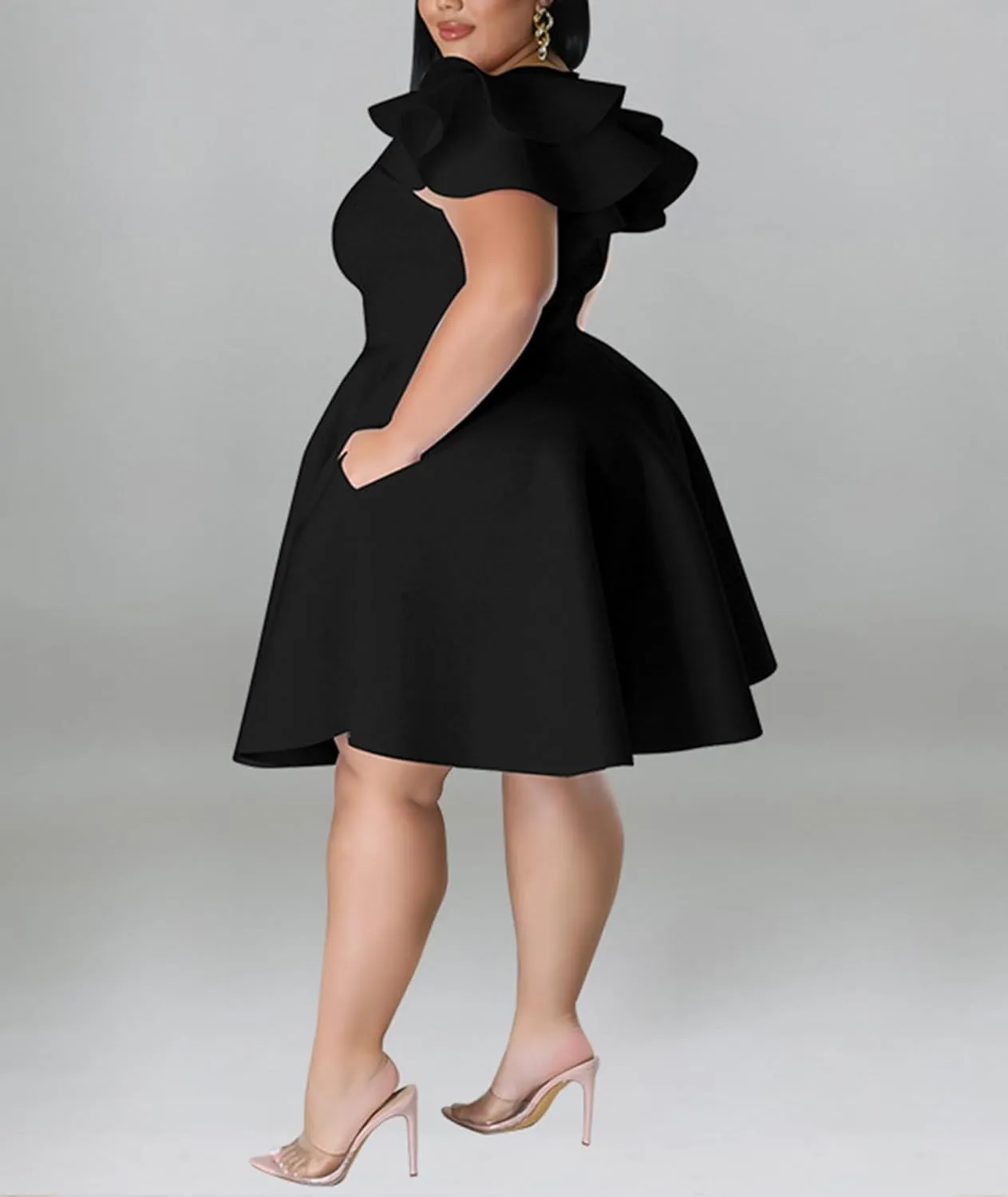 Sexyshine Women's Plus Size Cape Flutter Sleeve A Line Ruffle Swing Flared Skater Midi Dress Cocktail Party Formal Dress